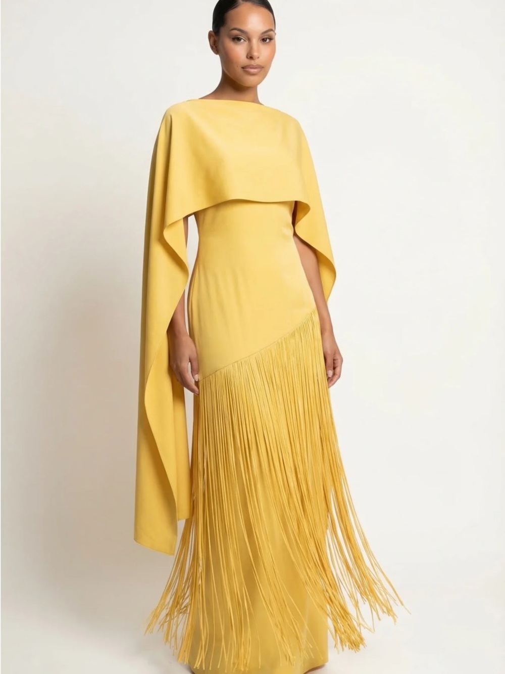 Elegant Yellow Fringe Cape-Detail Evening Dress